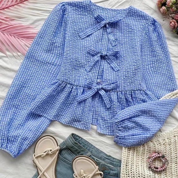 Summer Blue Bow-Tie Blouse - Picture 2 of 6